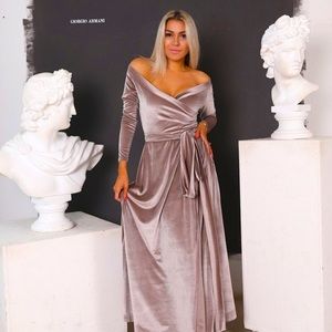 Velvet Off Shoulder Long Sleeve Mauve Bridesmaid Dress